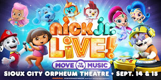 Nick Junior characters Dora the Explorer, Marshall and Rubble from Paw Patrol, Shimmer & Shine, two birds from Top Flight, Molly from Bubble Guppies, and Blue the dog appear against a blue background. a logo reads "Nick Jr. Live! Move to the Music" and at the bottom, text reads "Sioux City Orpheum Theatre Sep. 14 & 15"