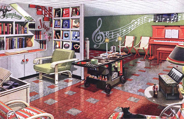 a 1944 recreation room with a music theme, color illustration