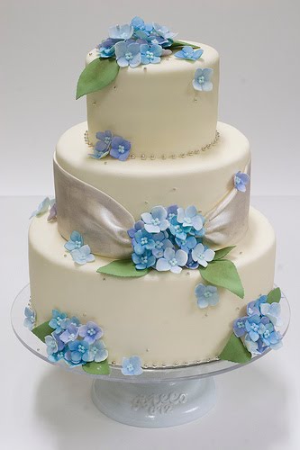 Lovely three tier white wedding cake with sugar hydrangea flowers and green
