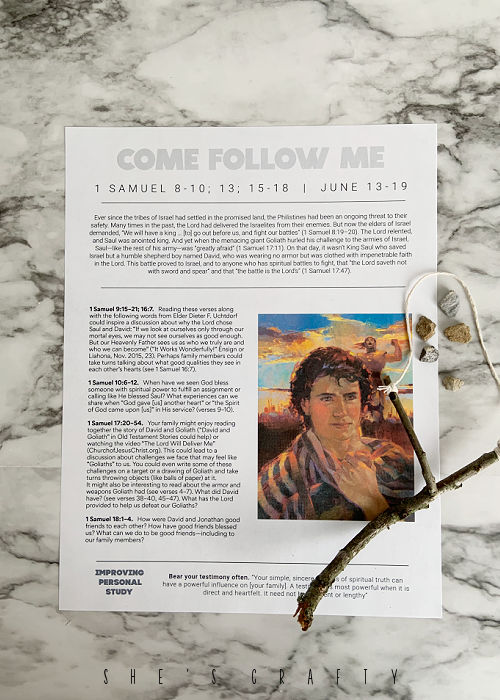 Come Follow Me Printable June 13 with sling shot and stones.
