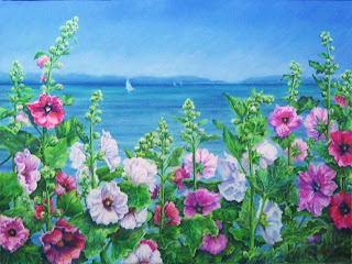 pastel painting with hollyhocks and sailboats at Lakeside, Ohio Lake Erie