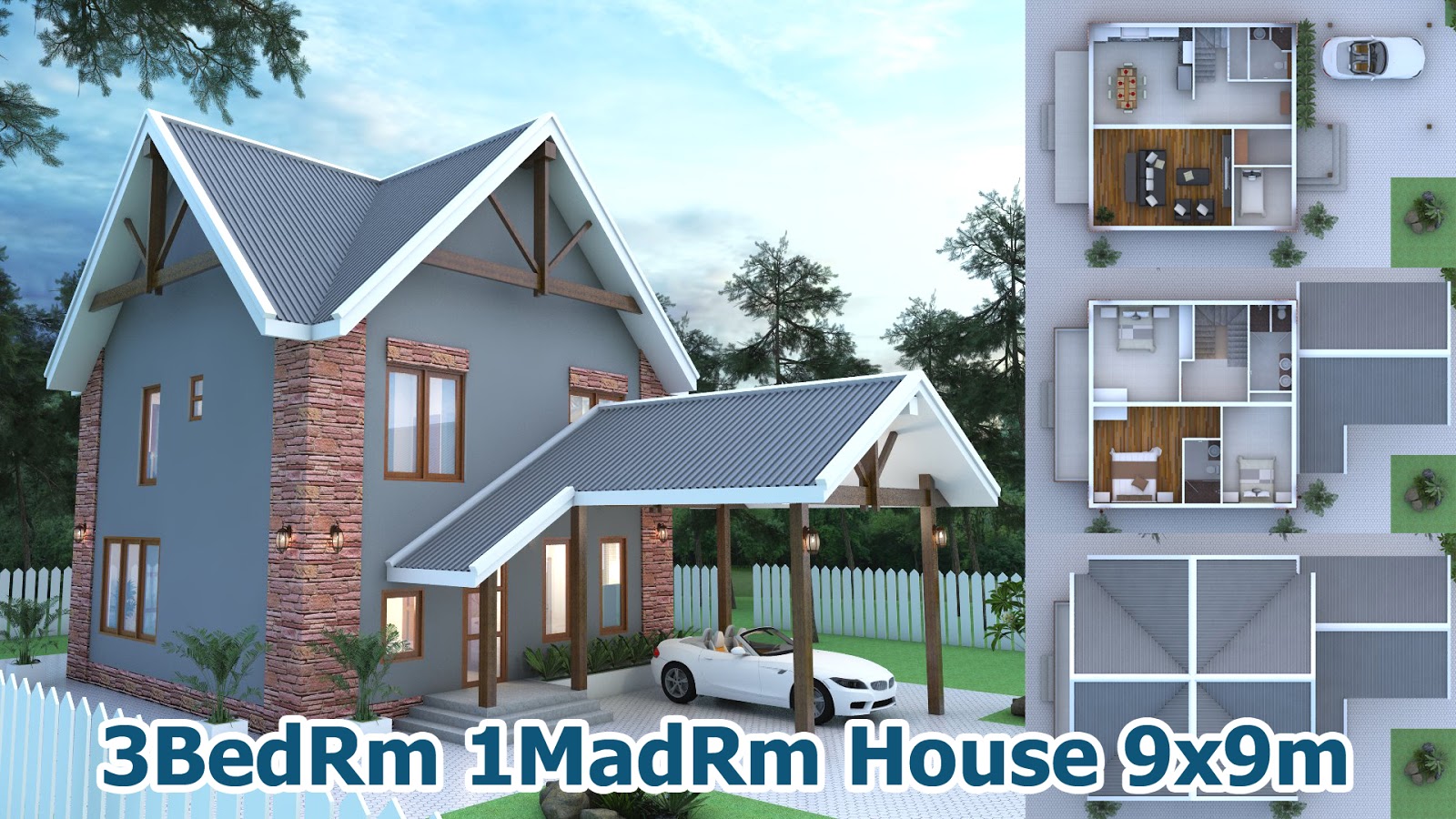  SketchUp  3 Bedroom House  9x9m Samphoas House  Plan 