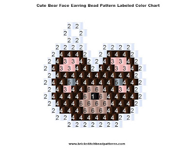 Free Cute Bear Face Earring Brick Stitch Seed Bead Pattern Labeled Color Chart