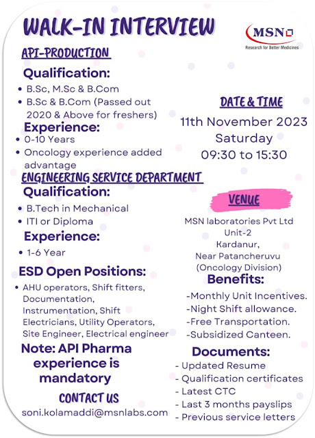 MSN Walk In Interviews For API Production and Engineering Department