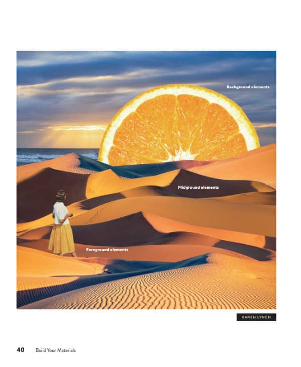The collage shows the woman wearing a long skirt and white blouse on the rocky beach with the orange slice representing the sun.