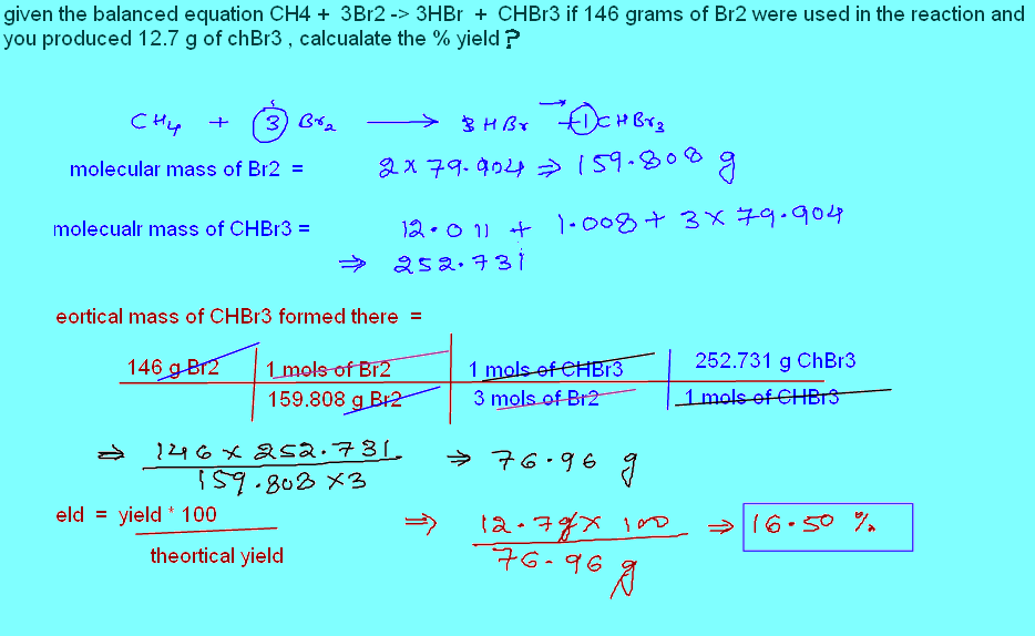 Free Online Help: given the balanced equation CH4 + 3Br2