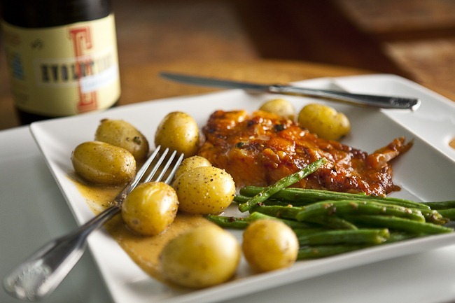 Salmon with Peach Pepper Jam Colombian Potatoes and Sauteed Asparagus