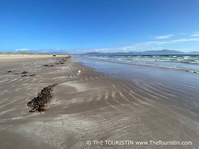 Waves roll onto a vast seemingly endless sandy beach lined by seagrass-covered sand dunes and a mountain range in the distance under a bright blue sky.