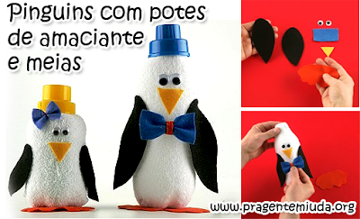 Pinguim com reciclagem de pote de amaciante e meia