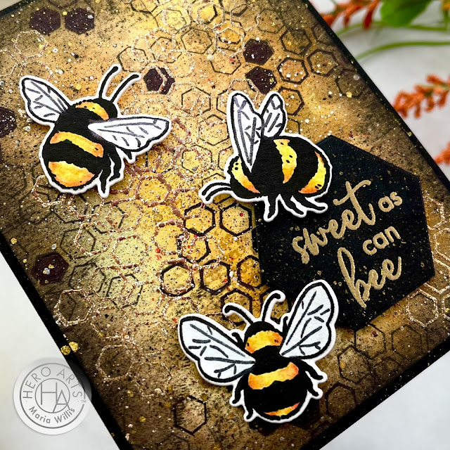 Cardbomb, Maria Willis,Hero Arts, My Monthly Hero Kit January 2021,flowers,bees,stamps,stamping, mixed media, art, die cutting,#hexagon, color,watercolor,ink blending,grunge,