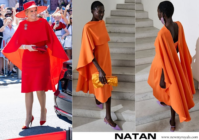 Queen Maxima wore a Natan Jamba red half-long draped silk crepe dress