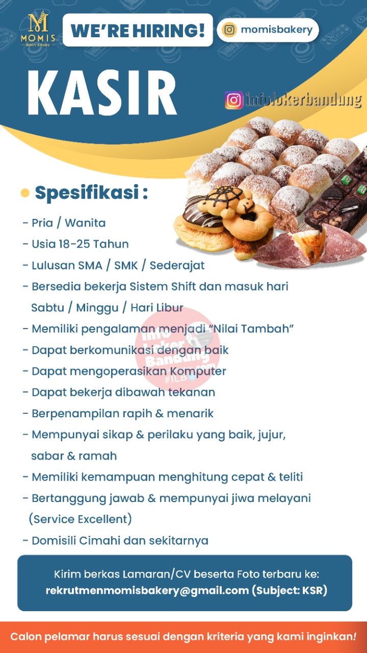 Lowongan Kerja Kasir & Marketing Momisbakery Bandung Agustus 2022