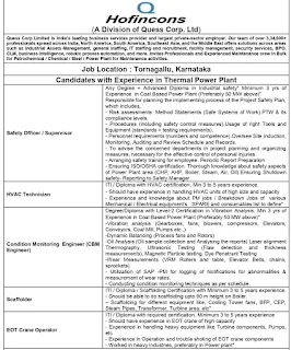 Recruitment  Degree, Diploma and ITI Holders For Thermal Power Plant - Hofincons Tornagallu, Karnataka