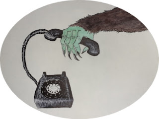 Water color illustration of a gorilla-like hand lifting the receiver to a 1960s telephone.