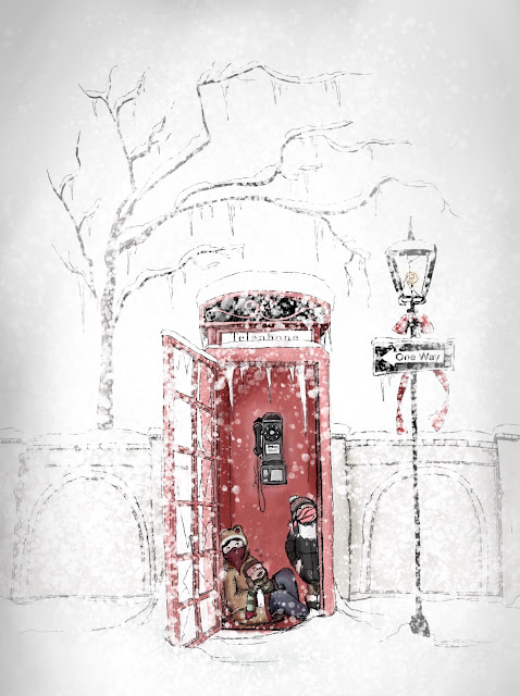 Children sheltering from a heavy snowstorm in an abandoned phone booth. 