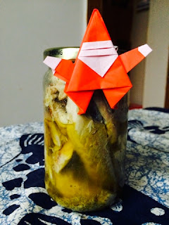 Jar or Mackerel in Oil decorated with a small origami Santa