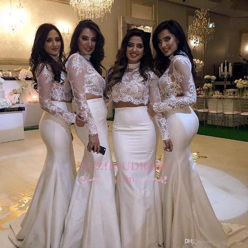 Cheap High-Neck Mermaid Two-Piece Lace Long-Sleeve Bridesmaid Dress-Factory price: US$ 117 