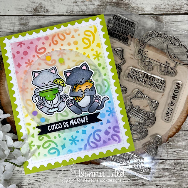 Newton Loves Tacos Card by Donna Idlet | Newton Loves Tacos Stamp Set, Confetti Stencil, Framework Die Set and Circle Frames Die Set by Newton's Nook Designs #newtonsnook #handmade