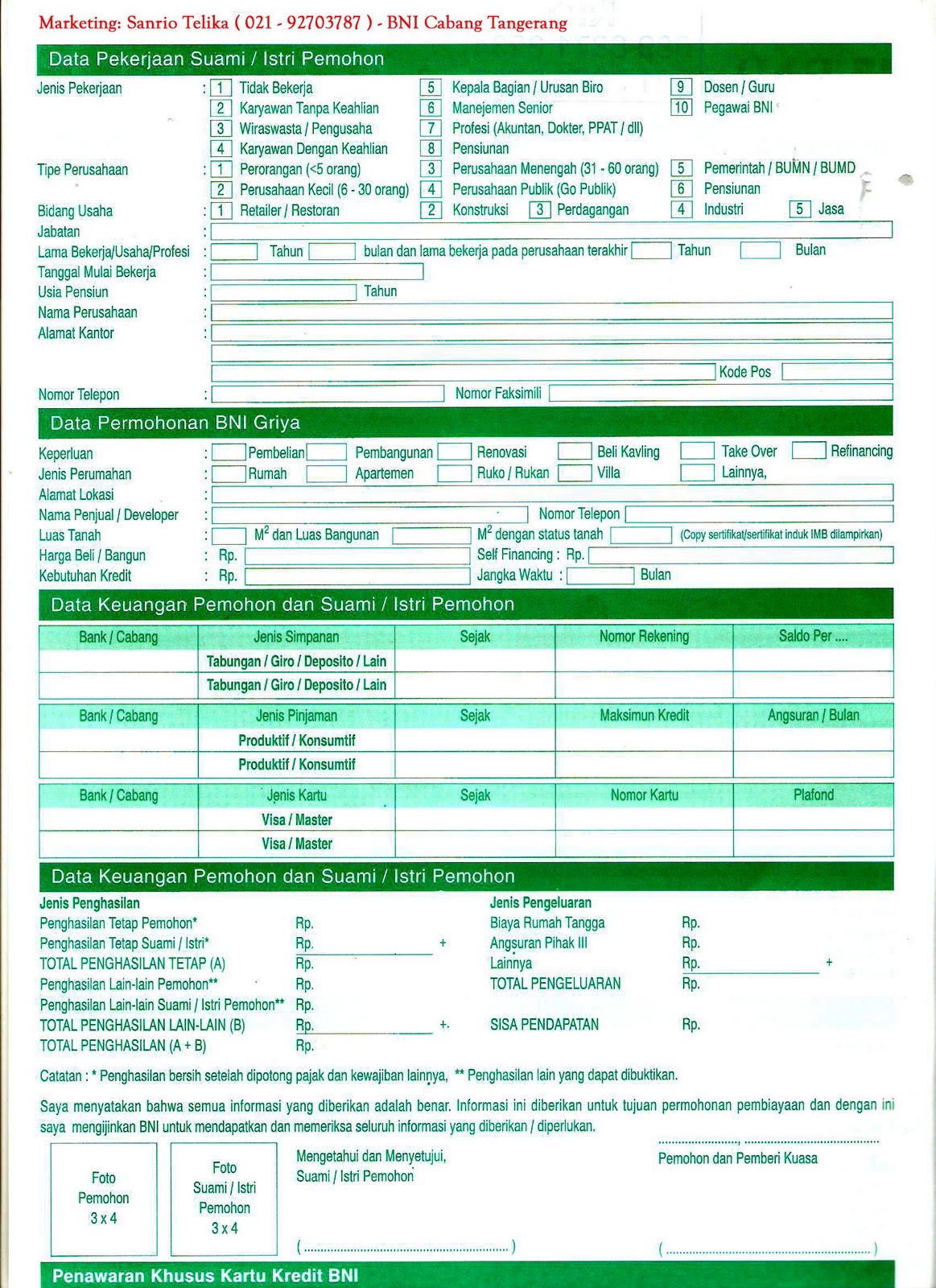 Formulir Aplikasi BNI Griya dan Surat Pesanan Rumah  KPR 