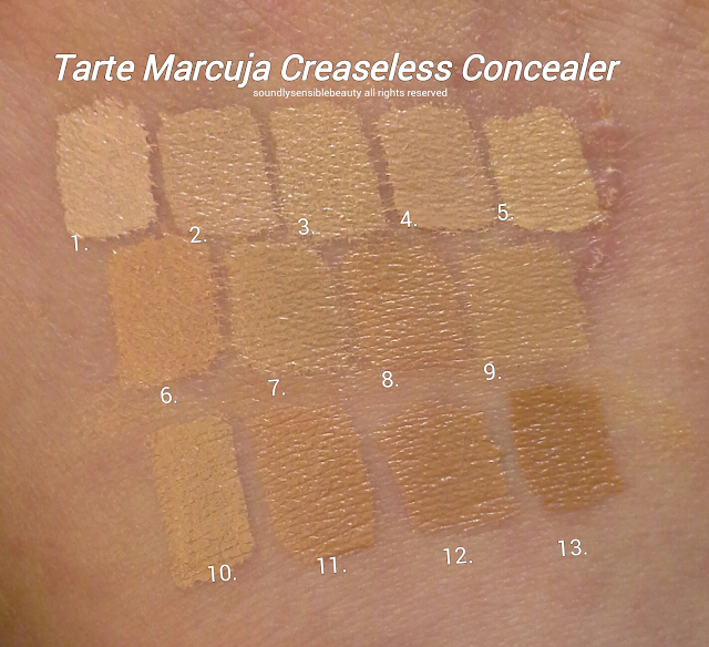 Tarte Marcuja Creaseless Full Cover Concealer; Review & Swatches of Shades  1 Fair, 2 Light, 3 Fairly Light Neutral, 4 Light, 5 Light Sand,  6 Light Medium, 7 Light Medium Sand, 8 Medium, 9 Medium Neutral,  10 Medium Sand, 11 Tan, 12 Tan Deep, 12 Deep