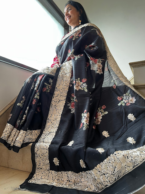 Blossoming Elegance: The Black Floral Digital Print Saree with Parsi Gara Border and Pallu