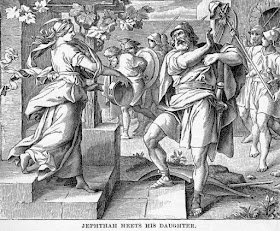 Jephthah's rejoicing is short-lived, for on the return to his house it is his daughter that he sees coming out to meet him.