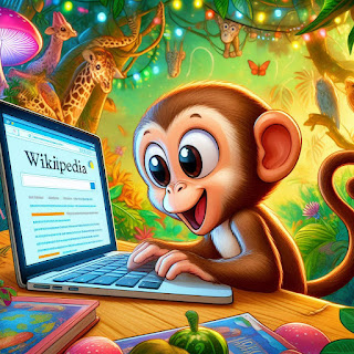 un primate 8parodia dell'uomo) esprime la sua gioa nel trovare Wikipedia sul monitor di un computer