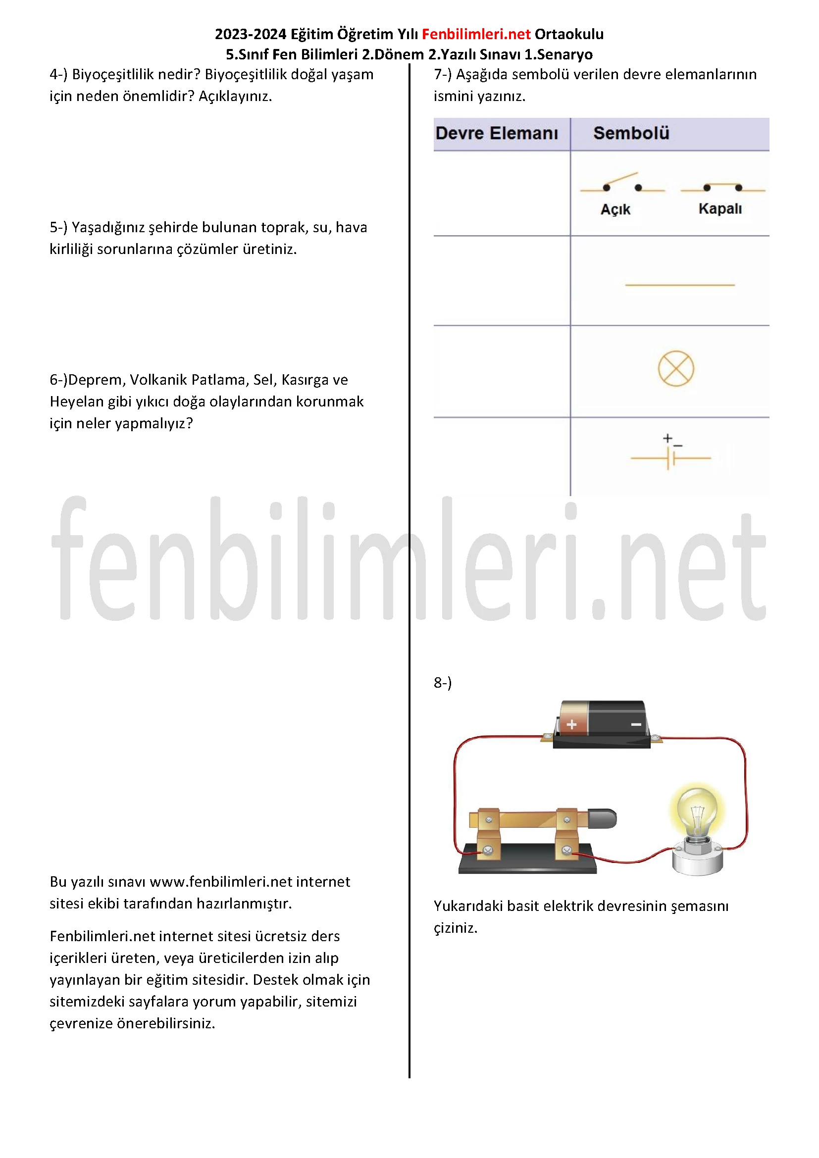 Fen Bilimleri 5.Sınıf 2.Dönem 2.Yazılı Açık Uçlu Yazılı Sınav Örnekleri ve Cevap Anahtarları