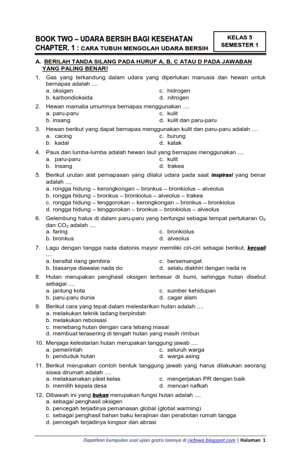 Download Soal Tematik Kelas 5 Semester 1 Tema 2 Subtema 1 