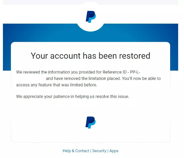PayPal Account has been restored