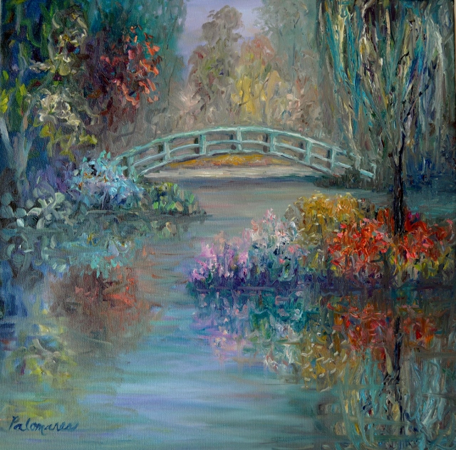Monet style pond with a bridge and flowers and weeping willow tree