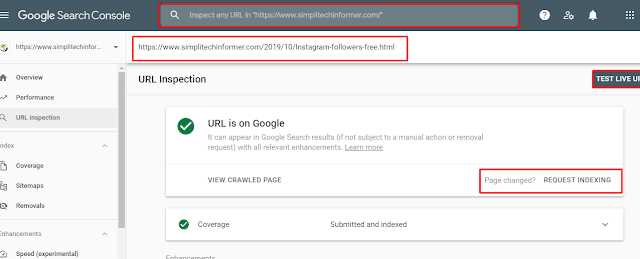 Inspect URL for faster indexing