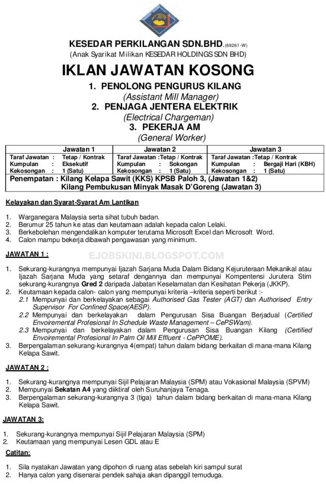 Jawatan Kosong KESEDAR Januari 2020