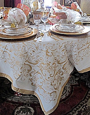 The muted gold patterned tablecloth was a new wedding patterned tablecloths