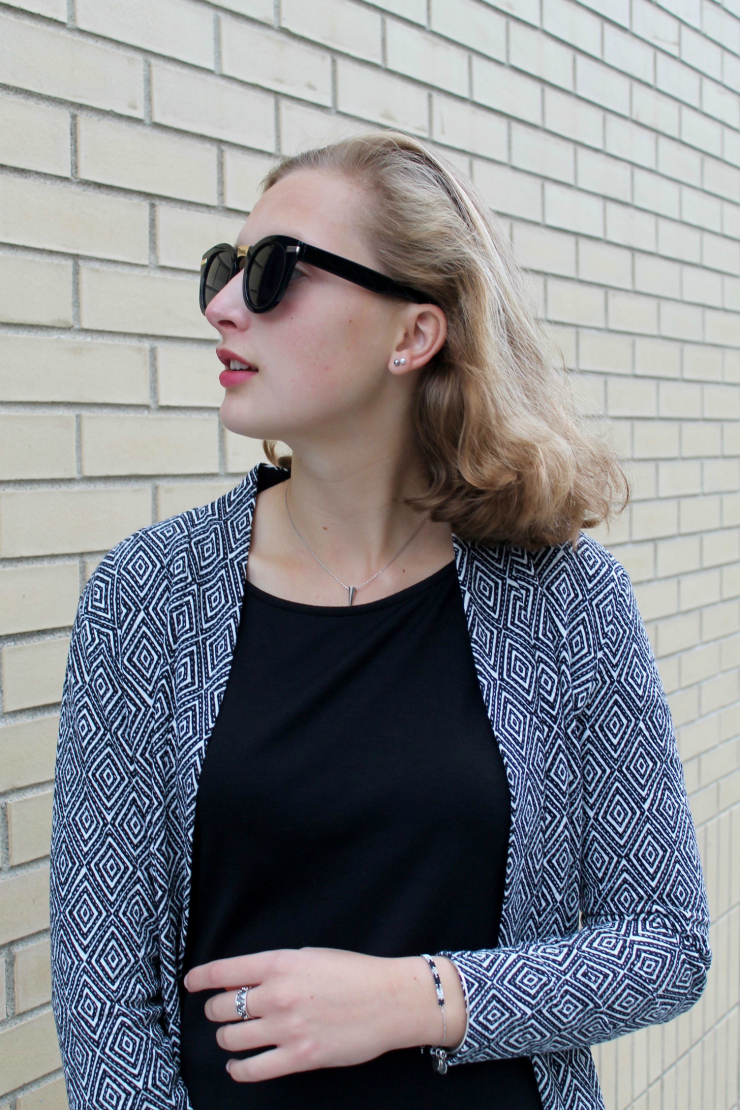 LBD, white trainers, black purse and geometric printed vest #ootd