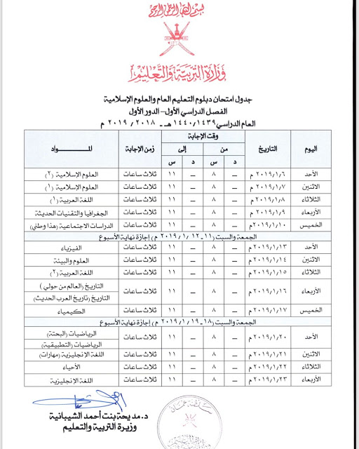 جدول اختبارات الدبلوم العام سلطنة عمان 2019