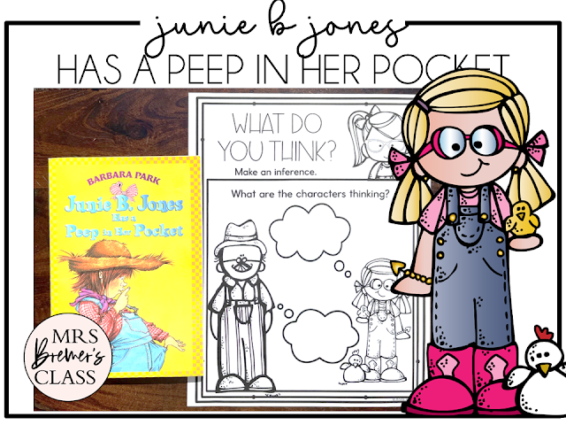Junie B Jones Has a Peep in Her Pocket novel study book activities unit with companion printables, reading comprehension worksheets, and literacy lesson ideas for First Grade and Second Grade