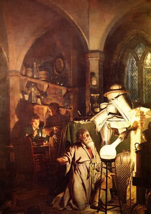 O alquimista em busca da pedra filosofal, pintura de Joseph Wright.