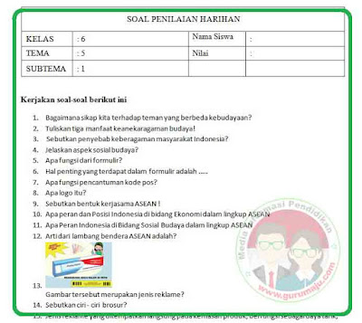 Soal UH / PH Kelas 6 Tema 5 Kurikulum 2013 Revisi 2018