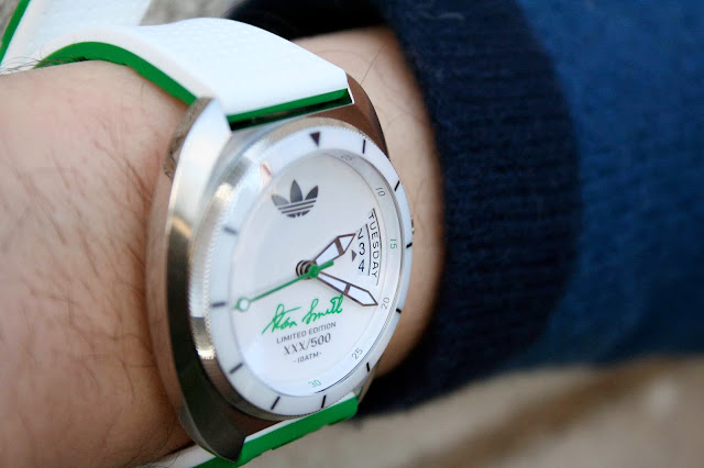 limited edition adidas stan smith watch, adidas stan smith 2014, adidas watch by fossill, adidas collectors, adidas stan smith watch green white, grey bricks, menswear blogger