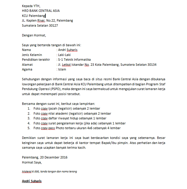 Contoh Surat Lamaran Kerja Bank BCA 5