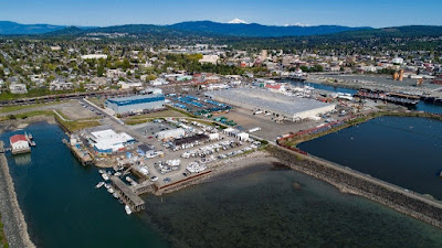 View from the air looking toward a waterfront and city and a snow-capped mountain in the distance.t