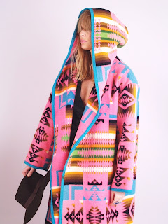 Vintage pink Pendleton navajo print wool maxi coat with hood.