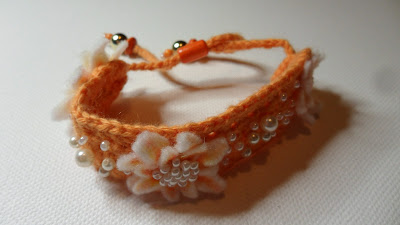 Peach and Pearl Felt and Crochet flower bracelet, close up of flowers