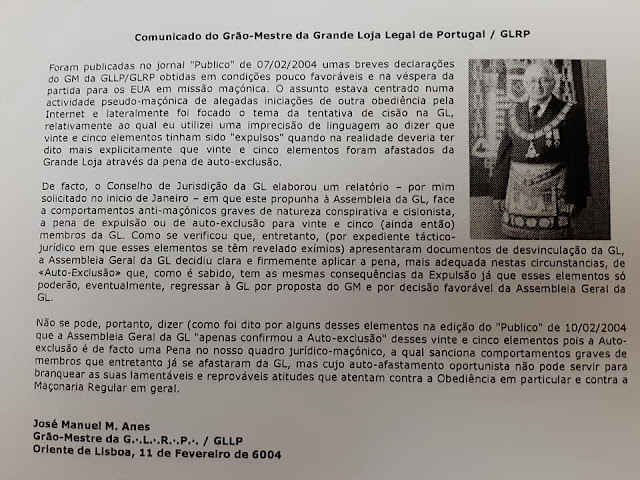 Comunicado do Grão-Mestre da GLLP/GLRP, José Manuel Anes, 11.02.6014 | Memórias da Maçonaria em Portugal