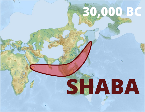 map of Indian Ocean in 30,000 BC. The ancient civilization of Shaba stretches from the coasts of Africa to south China