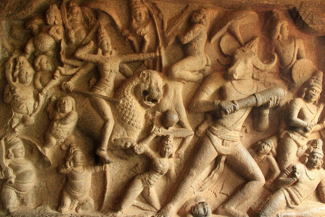 Large panel of goddess Durga slaying the buffalo headed Mahishasura