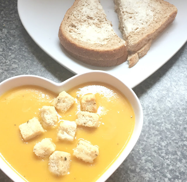 Butternut squash soup and wholemeal bread and butter