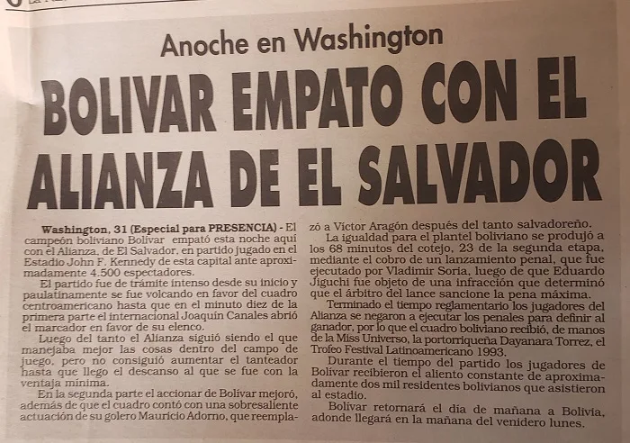 Nota del Domingo 1 de Agosto de 1993: Bolívar empato con Alianza de El Salvador