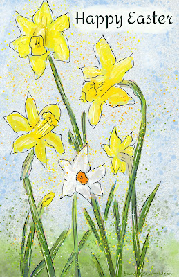 Cheerful daffodils dance against a blue sky in this free e-card.